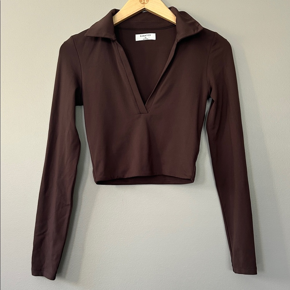 Aritzia Babaton Long Sleeve Contour Polo Top‎ Chocolate Brown Size XS